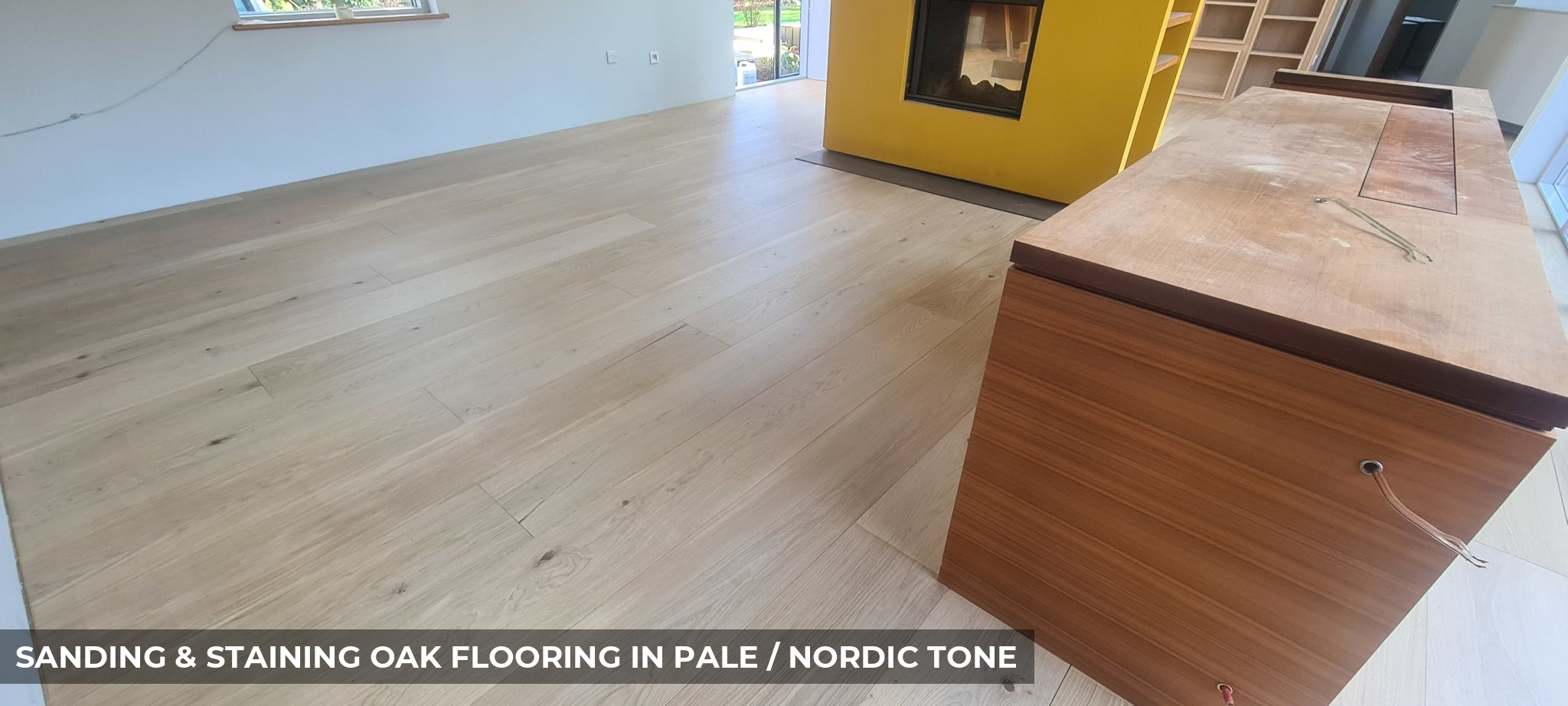 Sanding & Staining Extra Wide Oak Flooring Planks in Nordic Tone in Sutton, SM1